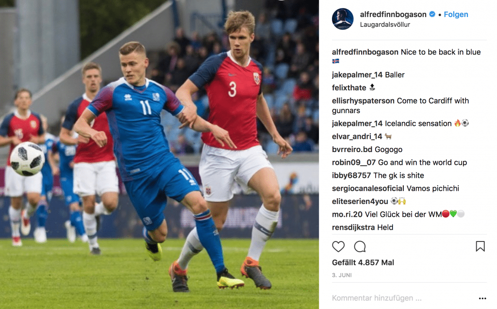 Alfred Finnbogadson hat die Nummer 11 im Island Trikot 2018.(Quelle: Instagram)