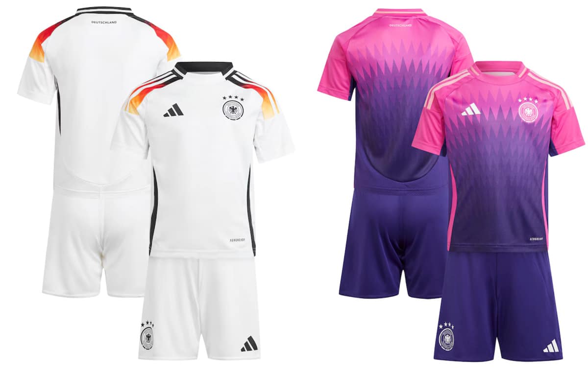 Die neuen DFB Trikots- links das weiße Heimtrikot, rechts das pink-lila Awaytrikot 2024