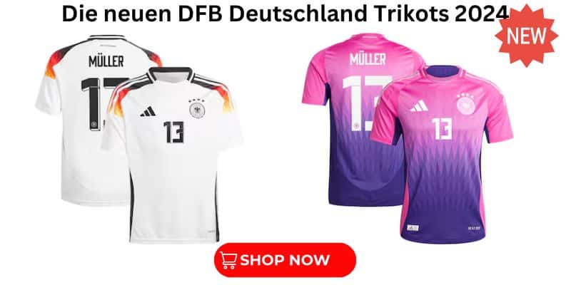 In der deutschen Fußballnationalmannschaft trägt wieder Thomas Müller die Nummer 13 auf dem neuen weißen DFB Trikot 2024 und dem lila-pink DFB Awaytrikot 2024!
