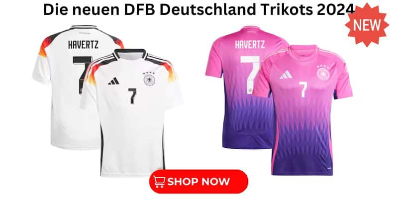In der deutschen Fußballnationalmannschaft trägt wieder Kai Havertz die Nummer 7 auf dem neuen weißen DFB Trikot 2024 und dem lila-pink DFB Awaytrikot 2024!