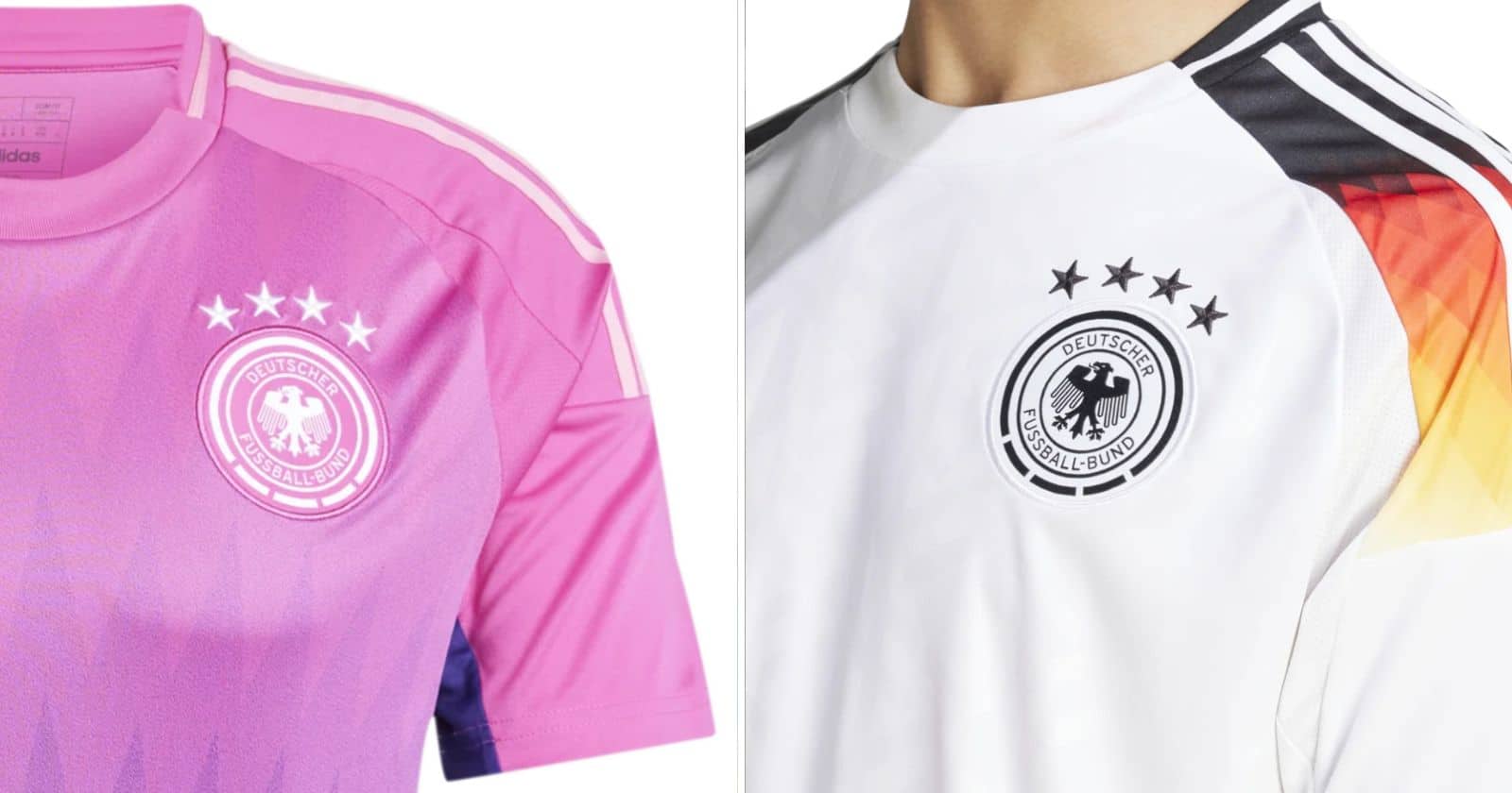 Die neuen DFB Trikots 2024 von adidas - das Away Trikot in pink-lila und das weiße Heimtrikot 2024.